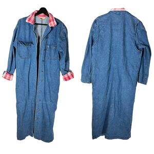 1980's VINTAGE Denim & Plaid Flannel Duster Coat Southwestern Cowgirl